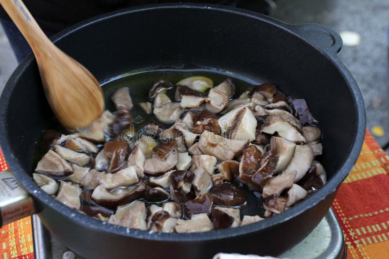 Shiitake. Cooked Mushrooms Shiitake in Cast Iron Pan. Bioproduct ...