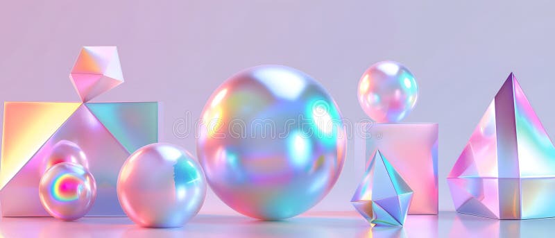 Shimmering Chrome-Effect Holographic 3D Shapes Layers and Cubes on a Reflective Surface royalty free illustration