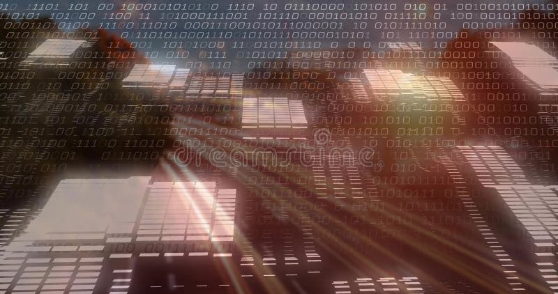 Shimmering glass facade reflecting sunlight at modern office exterior, with binary code overlay royalty free illustration