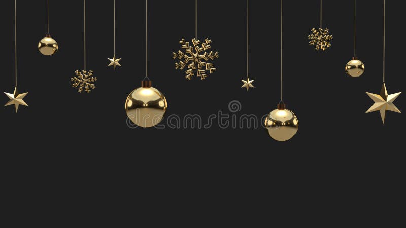 Shimmering golden snowflakes, christmas balls and stars on black background. 3d render of glowing hanging Cristmas ornament.