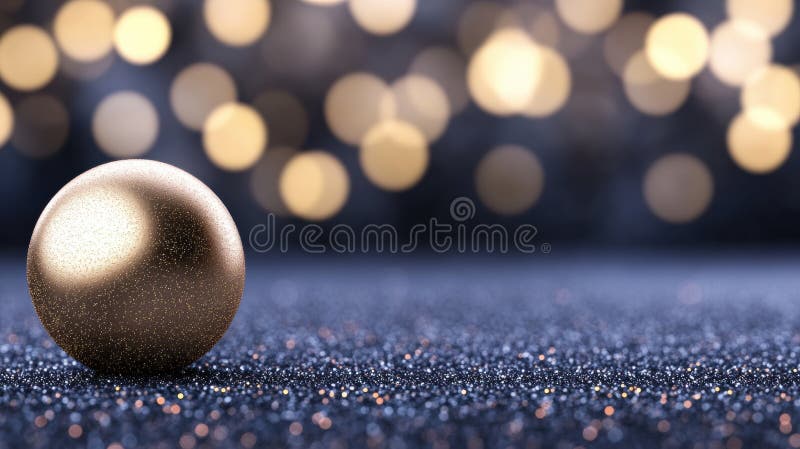 Golden sphere on a glittery surface with blurred lights in the background, AI stock photo