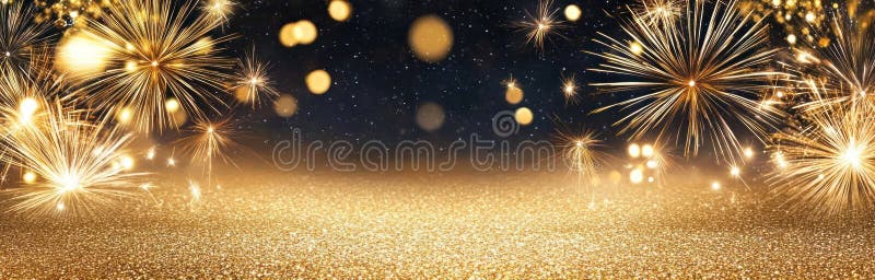 Shimmering Night Sky: Glittering Gold Background with Sparkling Fireworks royalty free illustration