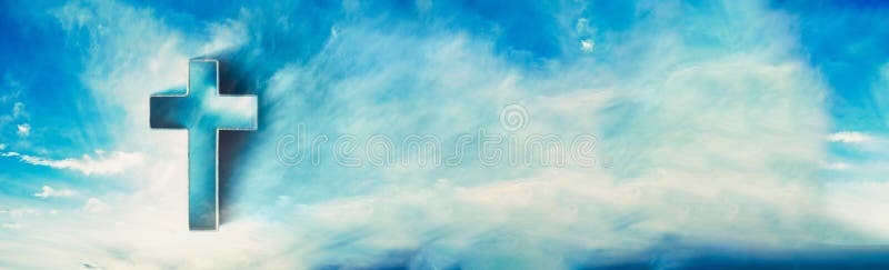 Shining cross in clouds on blue sky. Copy space. Ascension day concept. Christian Easter. Faith in Jesus Christ. Christianity. Church worship, salvation concept. Gate to heaven. Eternal life of soul.