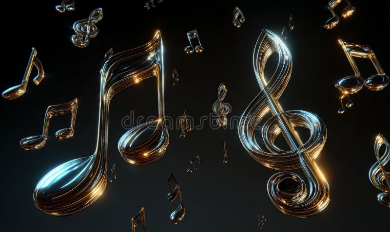 Shining, diamond-like music notes and a treble clef with metallic edges, on a black background vector illustration