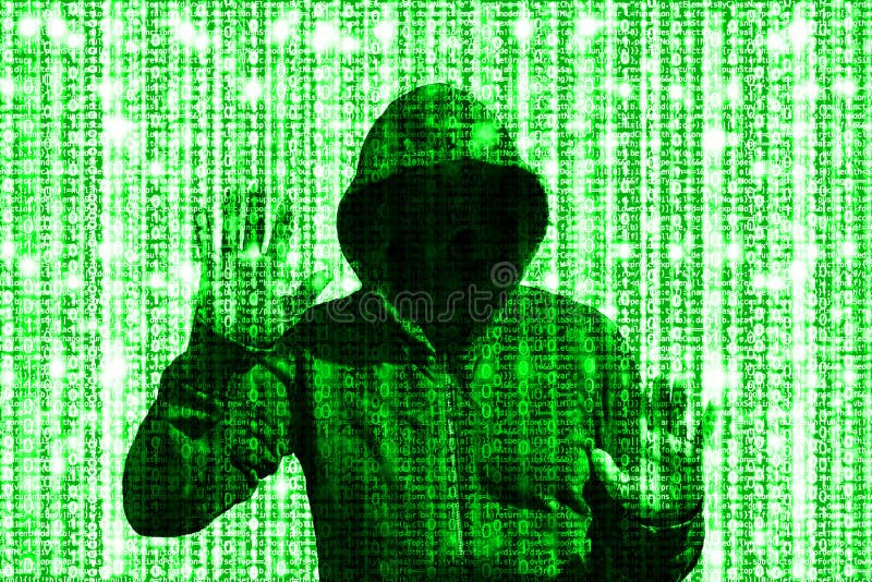 Computer code glowing binary matrix background with a hooded hacker holding up both hands shining through cybersecurity concept. Computer code glowing binary matrix background with a hooded hacker holding up both hands shining through cybersecurity concept