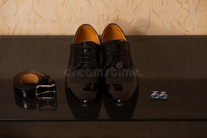 Shining Leather Shoes with Belt and Cufflinks Stock Photo - Image of ...