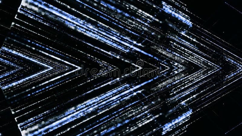 Shining lines move in shape of arrow. Animation. Shining cyberspace lines form angle. Lines move in hyperspace forming shining stream in cyberspace.