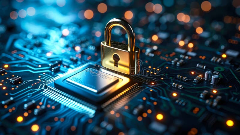 Shining Padlock on Circuit Board Symbolizing Cybersecurity, Data Protection on Digital Network Infrastructure with Circuitry vector illustration