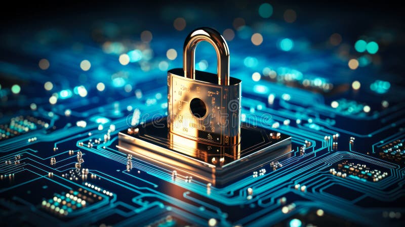 Shining Padlock on Circuit Board Symbolizing Cybersecurity, Data Protection on Digital Network Infrastructure with Circuitry stock illustration