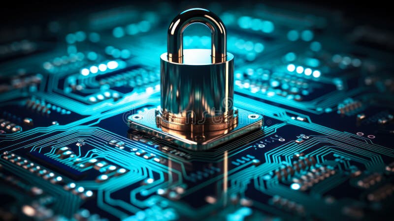 Shining Padlock on Circuit Board Symbolizing Cybersecurity, Data Protection on Digital Network Infrastructure with Circuitry stock illustration
