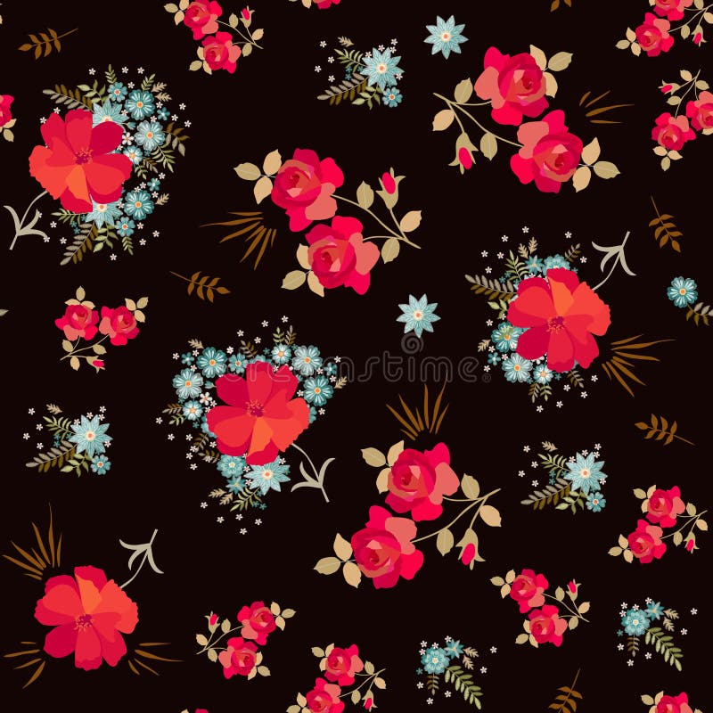 Shining red flowers surrounded by small embroidered blue and white flowers against a black background. Romantic seamless print