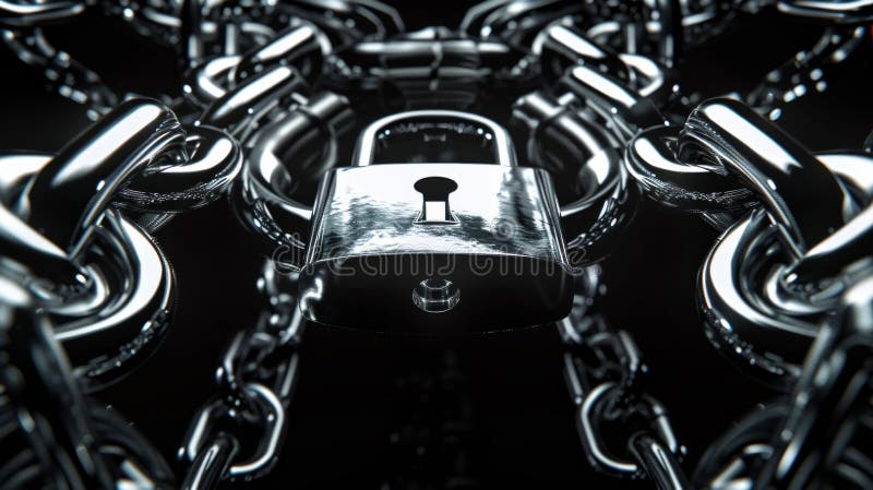 Shining Steel Padlock with Chains in Focus. Generative ai. royalty free illustration