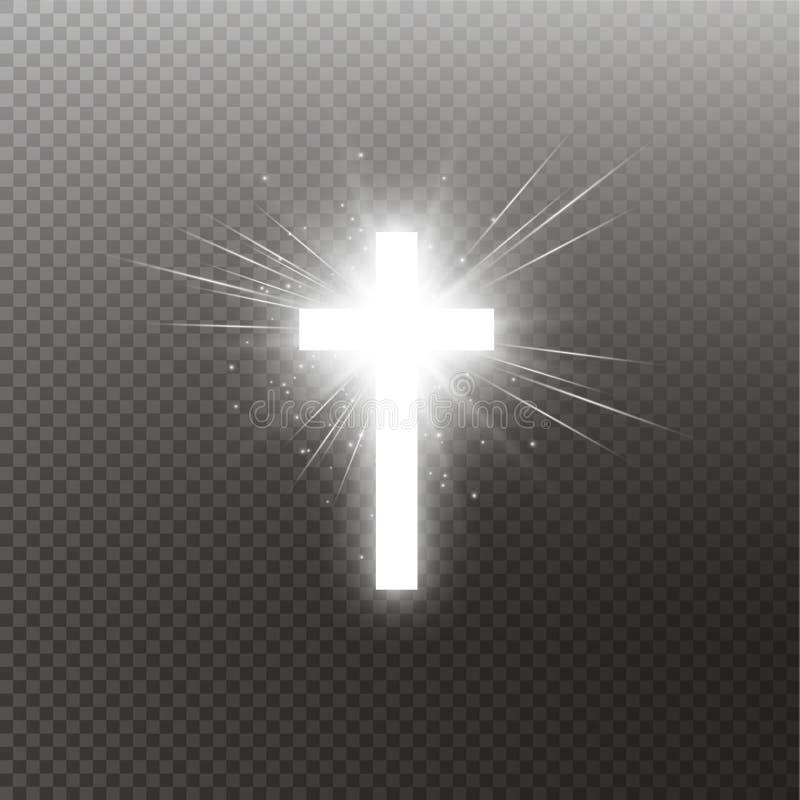 Shining white cross and sunlight special lens flare light effect on transparent background. Glowing saint cross. Vector