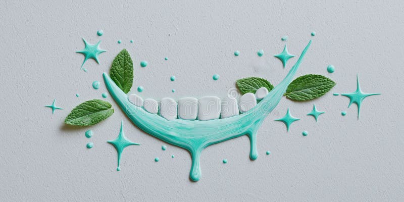 Shining white teeth on a clean canvas, mint toothpaste flows like paint, splashes form mint leaves and stars. stock photos