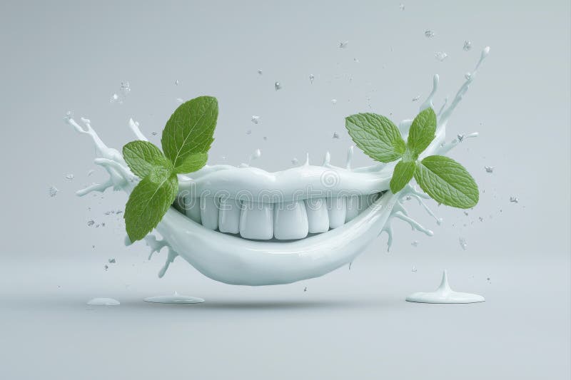 Shining white teeth on a clean canvas, mint toothpaste flows like paint, splashes form mint leaves and stars. stock image