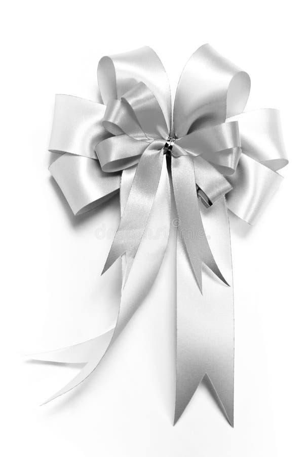 Silver Ribbon Bow Gift Isolated on White Background Christmas Present