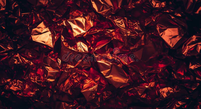 A shiny abstract background featuring a crumpled red metallic foil texture surface stock image