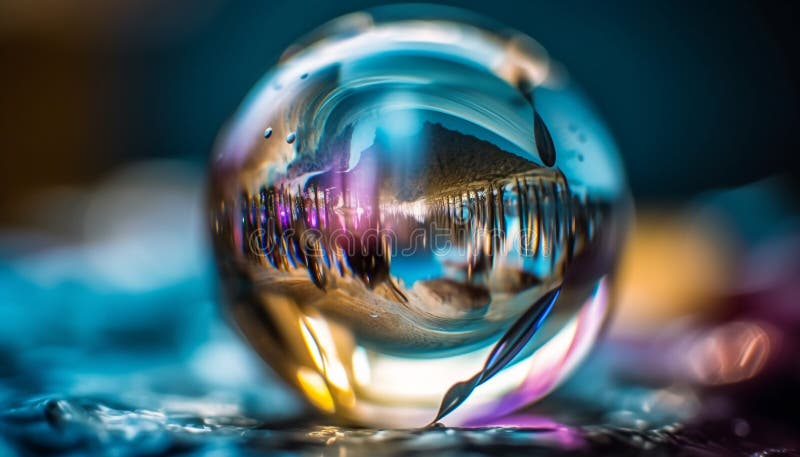 Shiny Blue Sphere Reflects Vibrant Colors in Glass Generated by AI ...