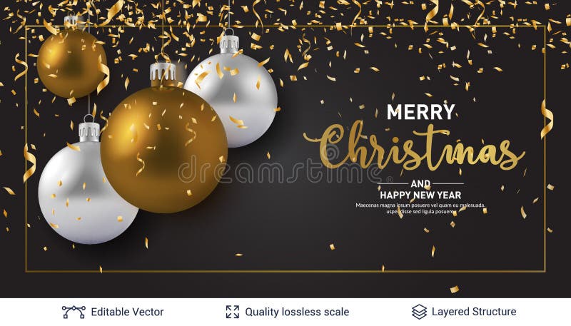 Shiny Christmas balls and text on dark banner.