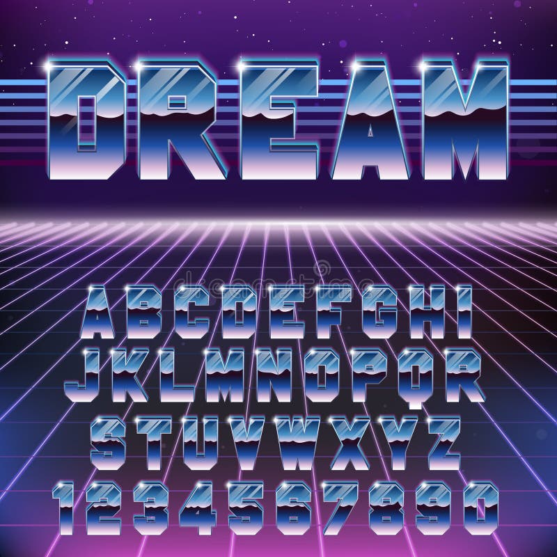 Shiny Chrome Retro Futuristic Font. Stylish Retro Synth Wave Alphabet in 80s style stock illustration