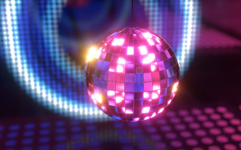 Shiny Disco Ball with Neon Light Background, 3d Rendering Stock
