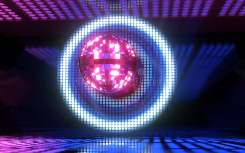 Shiny Disco Ball with Neon Light Background, 3d Rendering Stock