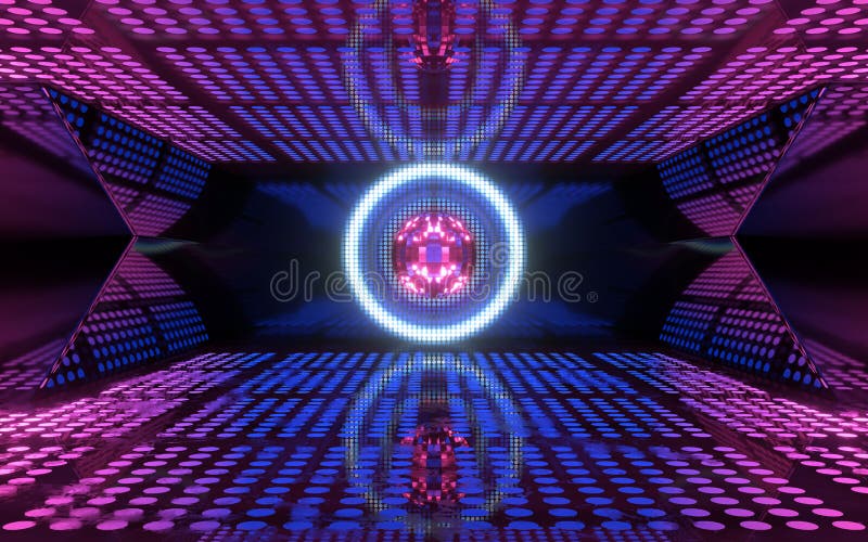 Shiny Disco Ball with Neon Light Background, 3d Rendering Stock