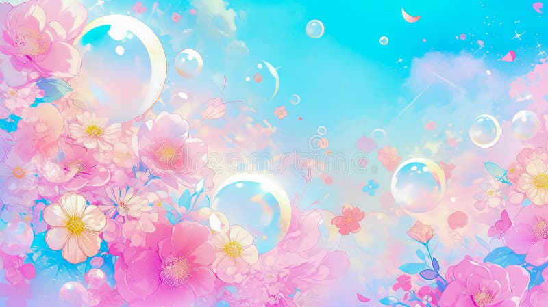 Shiny Flowers and Bubbles on Beauty Pink and Blue Sunset Sky. Gentle