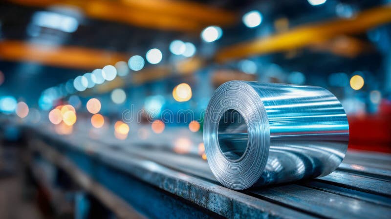 Shiny galvanized steel roll placed inside a modern factory workshop with industrial lights in the background. Industrial lights stock images, royalty-free photos and pictures