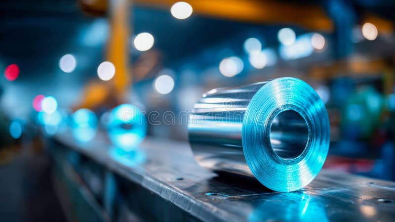 Shiny galvanized steel roll placed inside a modern factory workshop with industrial lights in the background. Industrial lights stock images, royalty-free photos and pictures