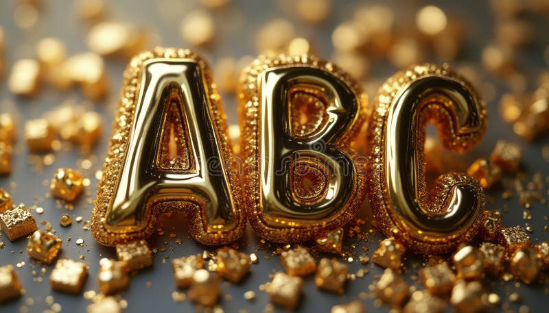 Shiny golden letters ABC surrounded by sparkling gold confetti stock photography