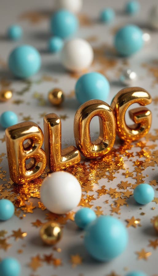 Shiny golden letters spelling BLOG surrounded by colorful spheres and glitter royalty free stock images