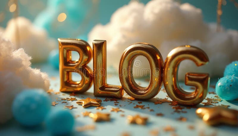 Shiny golden letters spelling BLOG surrounded by fluffy clouds and colorful decorations royalty free stock image