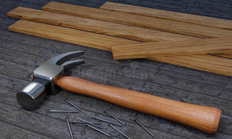Shiny Metal Hammer Made of Steel the Handle is Wood. Laid on the Old Wooden  Plank Floor Damaged and a Number of Metal Nails Were Stock Illustration -  Illustration of nail, construction:
