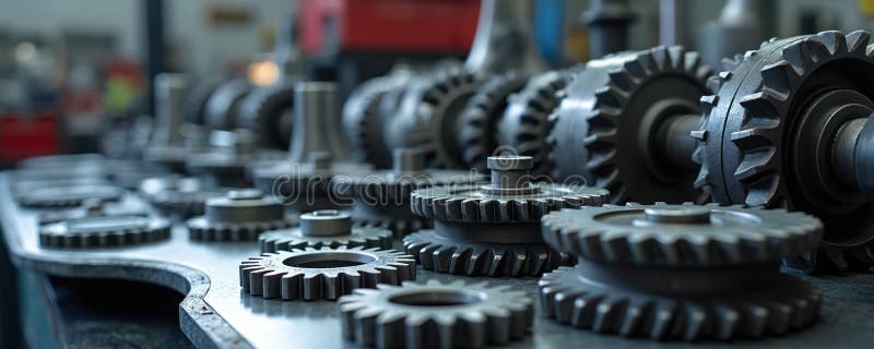 Shiny-motorer och växellådans reservdelar. Stängningsskott för metallväxlar. Växellådselement. Industriellt självteknologiskt royaltyfria bilder