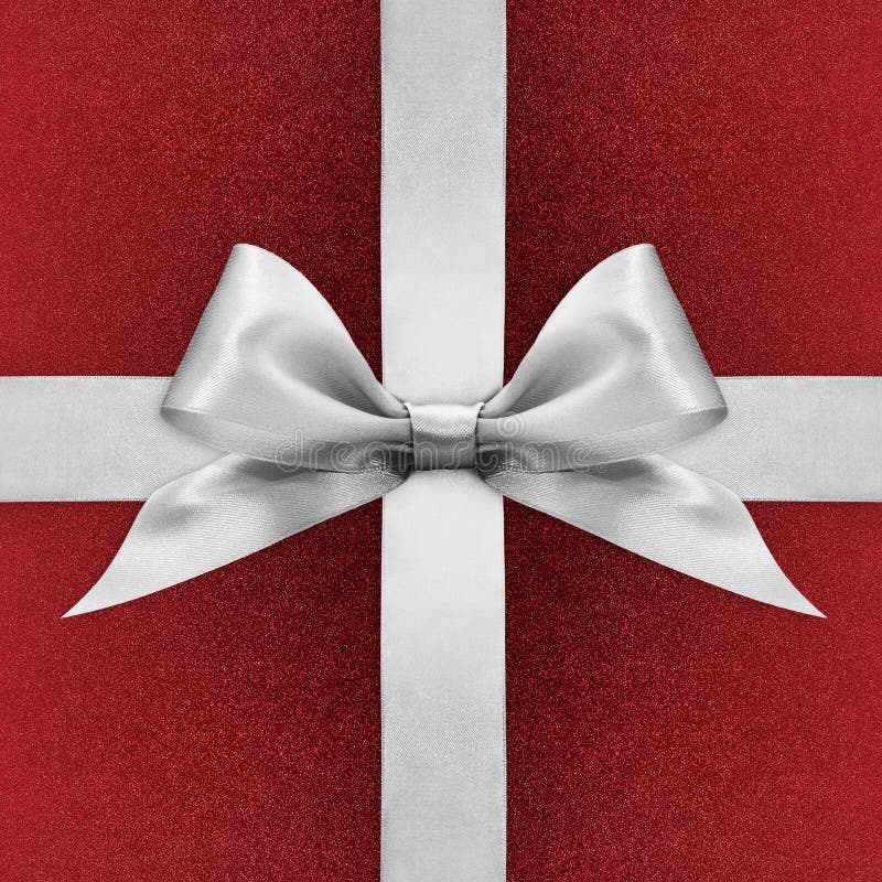 Silver Ribbon Bow Gift Isolated on White Background Christmas Present