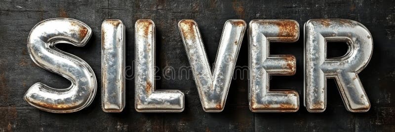 Shiny, Weathered Silver Metal Text Effect Against a Dark, Textured, Grunge Background royalty free illustration