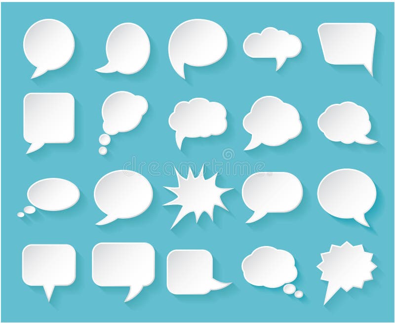 Shiny White Paper Bubbles for Speech on an Blue Background. Stock