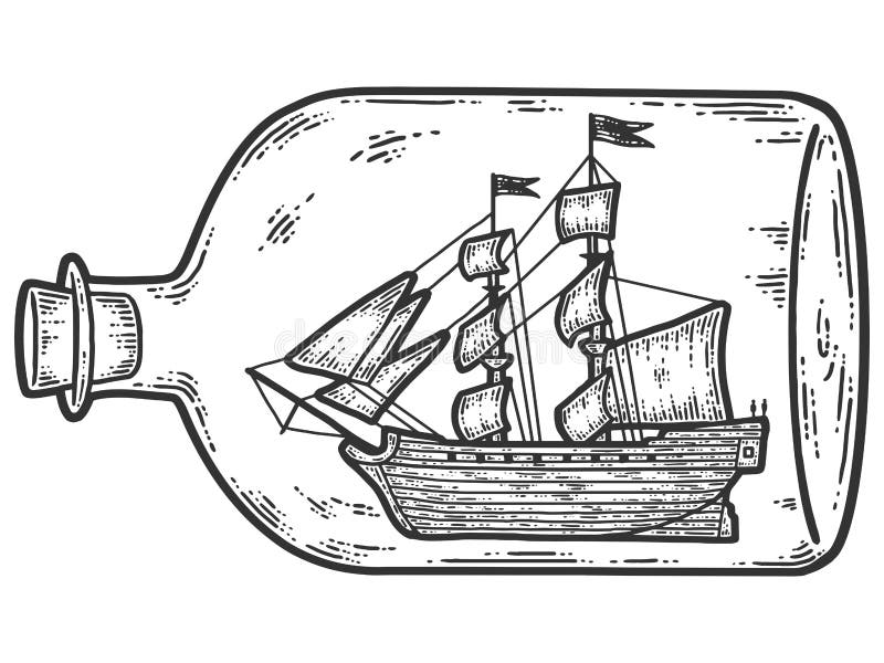 Ship in a bottle. Sketch scratch board imitation. Black and white. Engraving vector illustration.