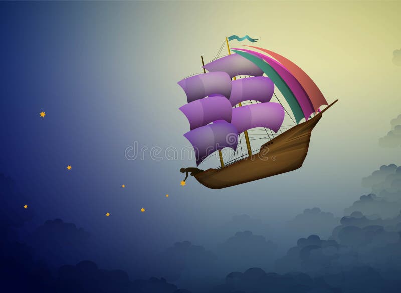 Ship in the evening sky in clouds, fairy boy putting stars on the night sky, fairy dreamland sailor on the heavens, stock illustration Ship in the evening sky in clouds, fairy boy putting stars on the night sky, fairy dreamland sailor on the heavens, stock illustration