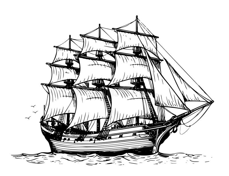Ship frigate old sketch hand drawn Vector illustration royalty free illustration