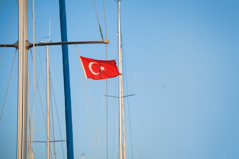 Ship Mast with the Turkish Flag Over Blue Sky Stock Image Image of