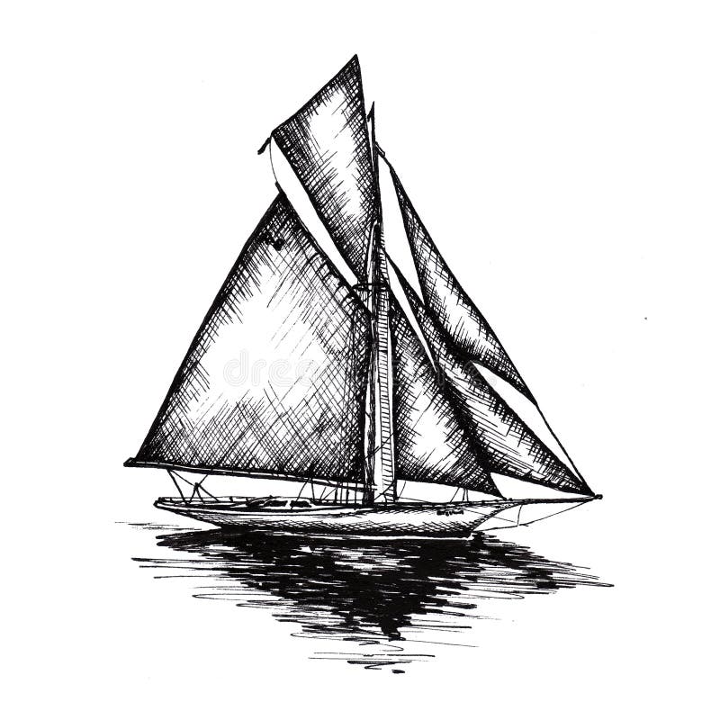 Ship Sailing Yacht Boat Antique Vintage Antique Black Ink Hand Drawing