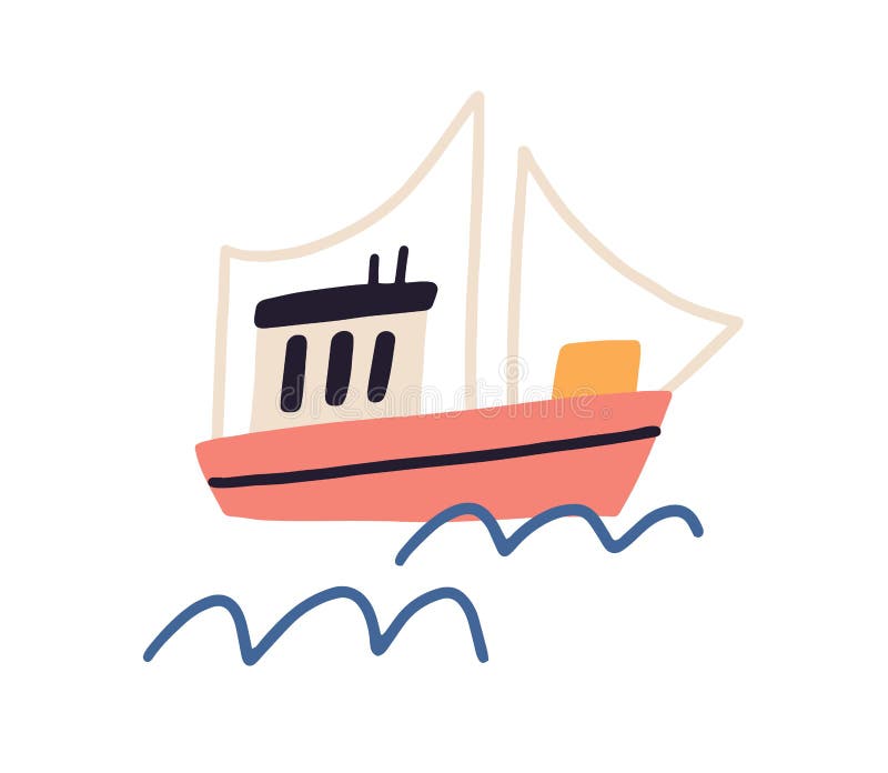 Ship with sails floating in sea or ocean. Fishing boat and waves of water drawn in Scandinavian style. Childish colored