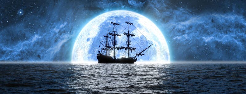Ship at Sea Against the Background of the Moon and the Beautiful Sky Stock  Illustration - Illustration of blue, marine: 193568019