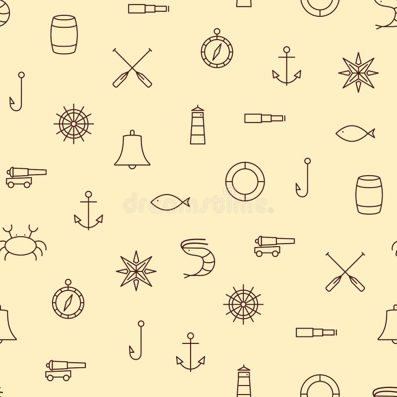 Ship & Sea line icons seamless pattern on beige background