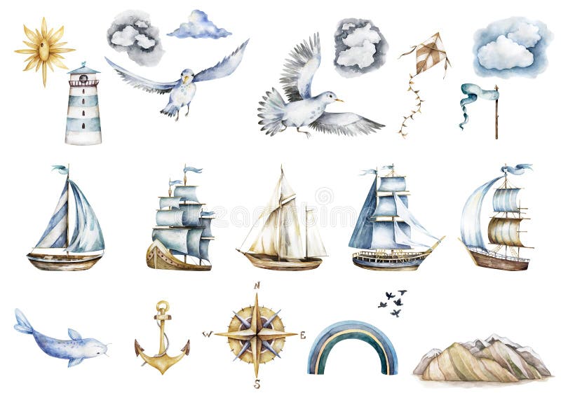 Ship watercolor.ship.children&x27;s dreams.dream.clouds,sea adventures,nautical clipart isolated on white background