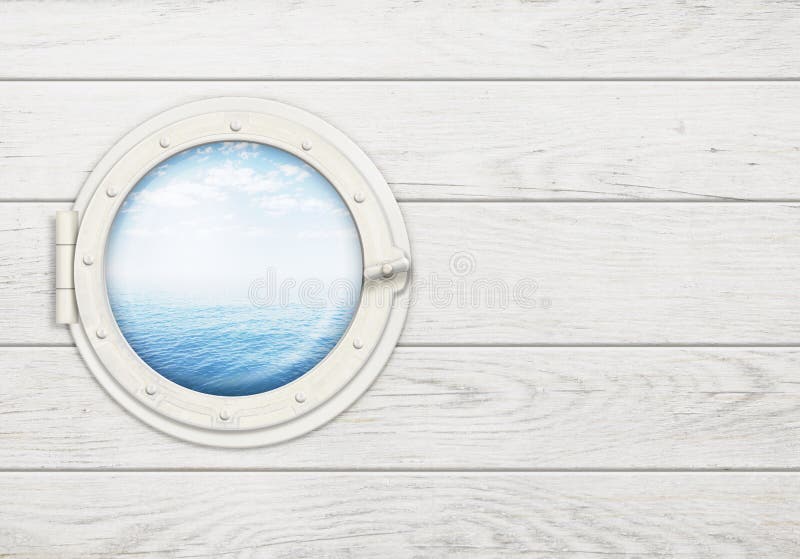 Ship Window or Porthole on White Wooden Wall with Stock Image - Image