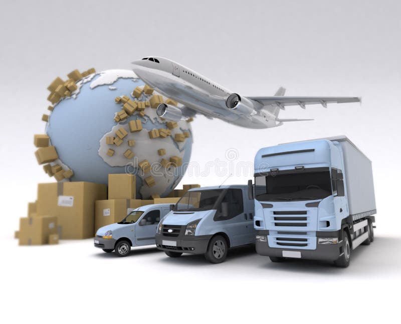 The Earth, lots of boxes and a transportation fleet made of vans, trucks and an airplane. The Earth, lots of boxes and a transportation fleet made of vans, trucks and an airplane