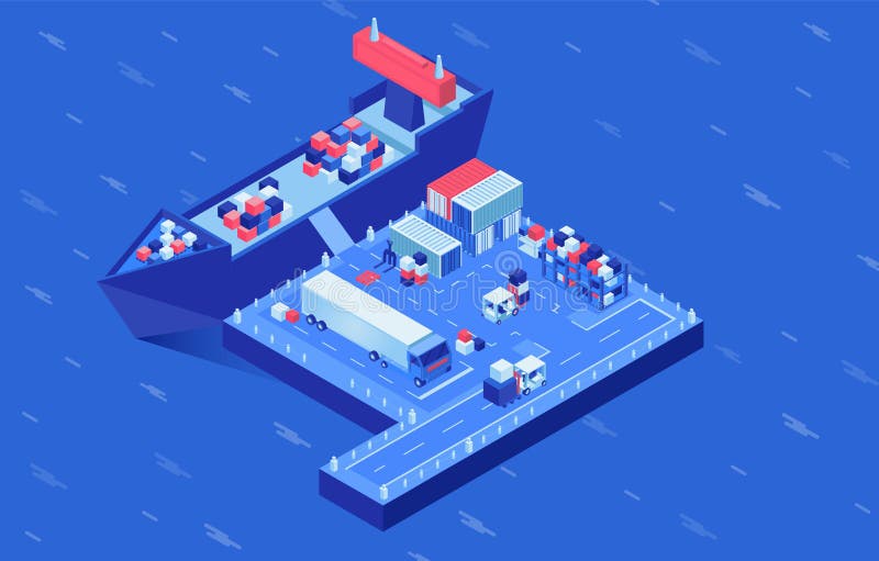 Shipment delivery isometric vector illustration. Industrial vessel loading in seaport, freight ships logistics hub vector illustration Shipment delivery isometric vector illustration. Industrial vessel loading in seaport, freight ships logistics hub vector illustration